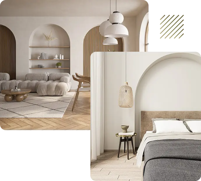 Portfolio d'architecture d'intérieur avec un style moderne et organique, célébrant plus de 25 ans d'expertise dans la création d'espaces de luxe.