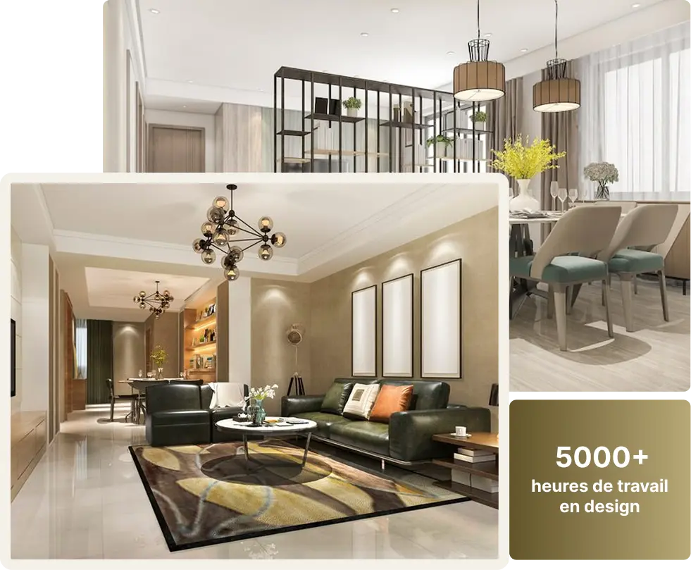 Portfolio de design d'intérieur haut de gamme mettant en avant plus de 5000 heures d'expertise dans la création d'espaces résidentiels contemporains.