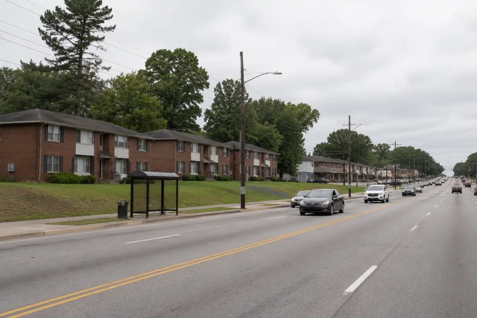 Small brick duplexes along the Washington Road corridor in East Point, Georgia