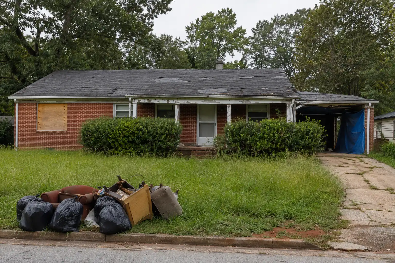 Before: neglected 1950s brick ranch in East Point with boarded window, patched roof and overgrown yard