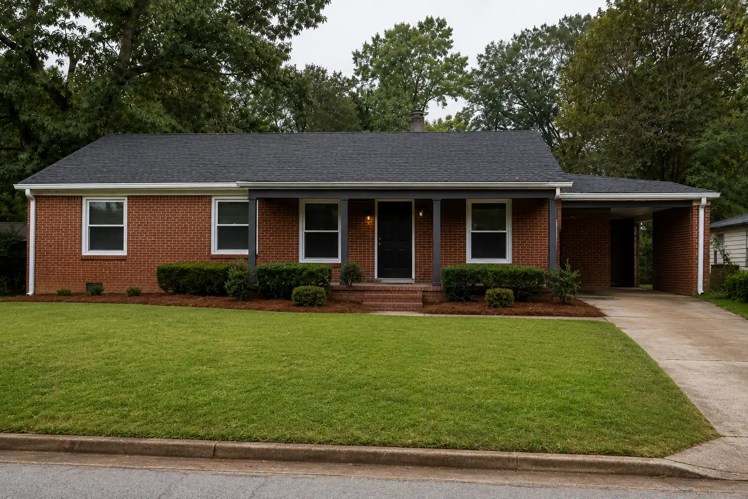After: the same East Point brick ranch renovated with a new roof, windows and landscaping
