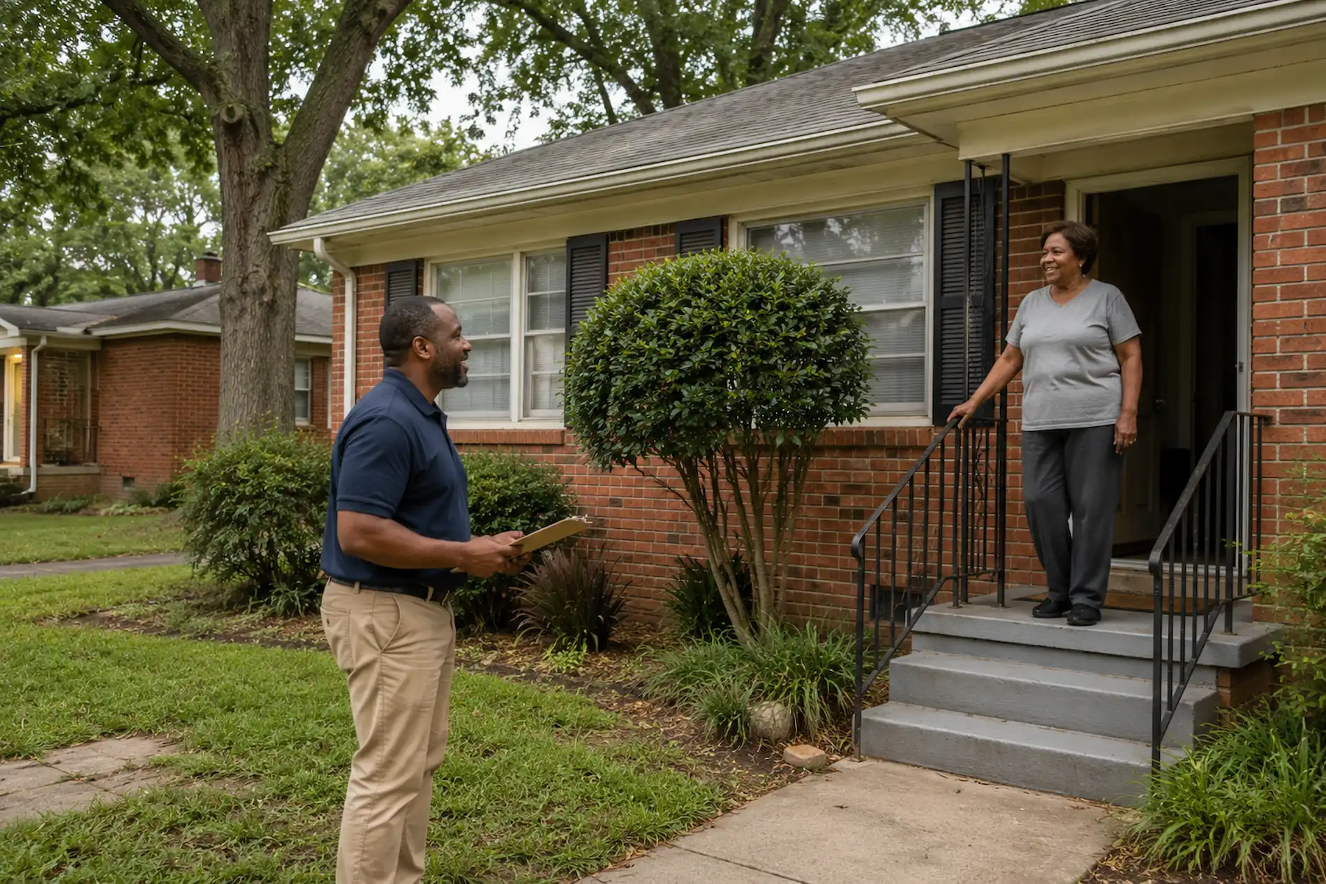 East Point Home Buyer walking a homeowner through a cash offer at her brick ranch
