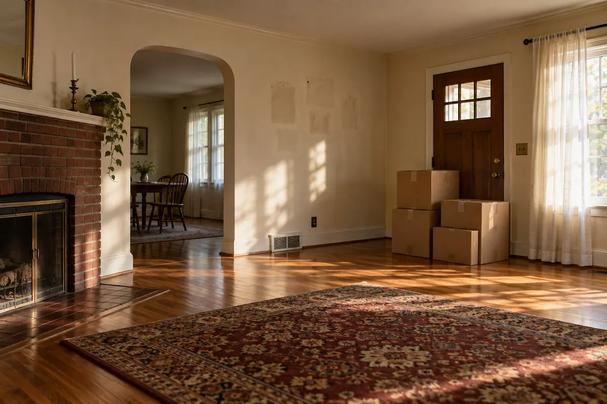 Empty living room with hardwood floors, a brick fireplace, and moving boxes by the front door in a Mahoning County house