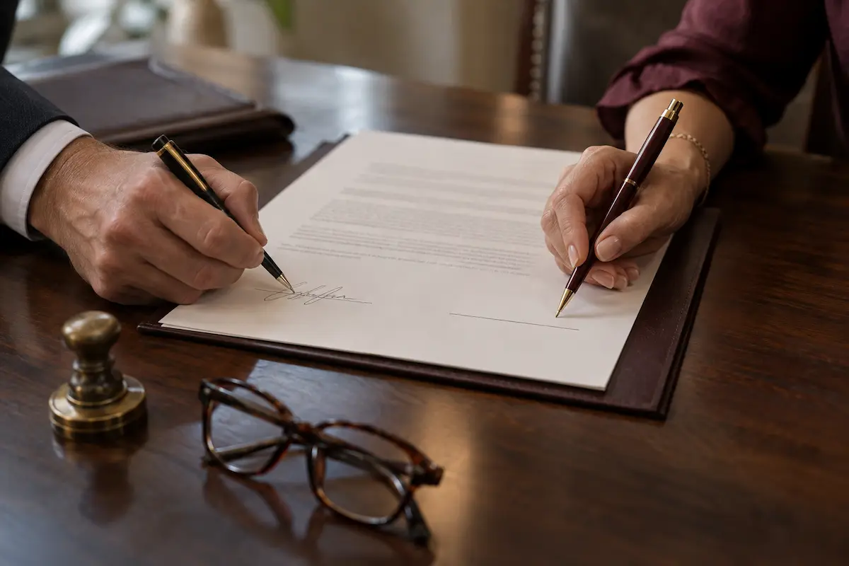 Two spouses signing the same purchase agreement at an Ohio title company closing table