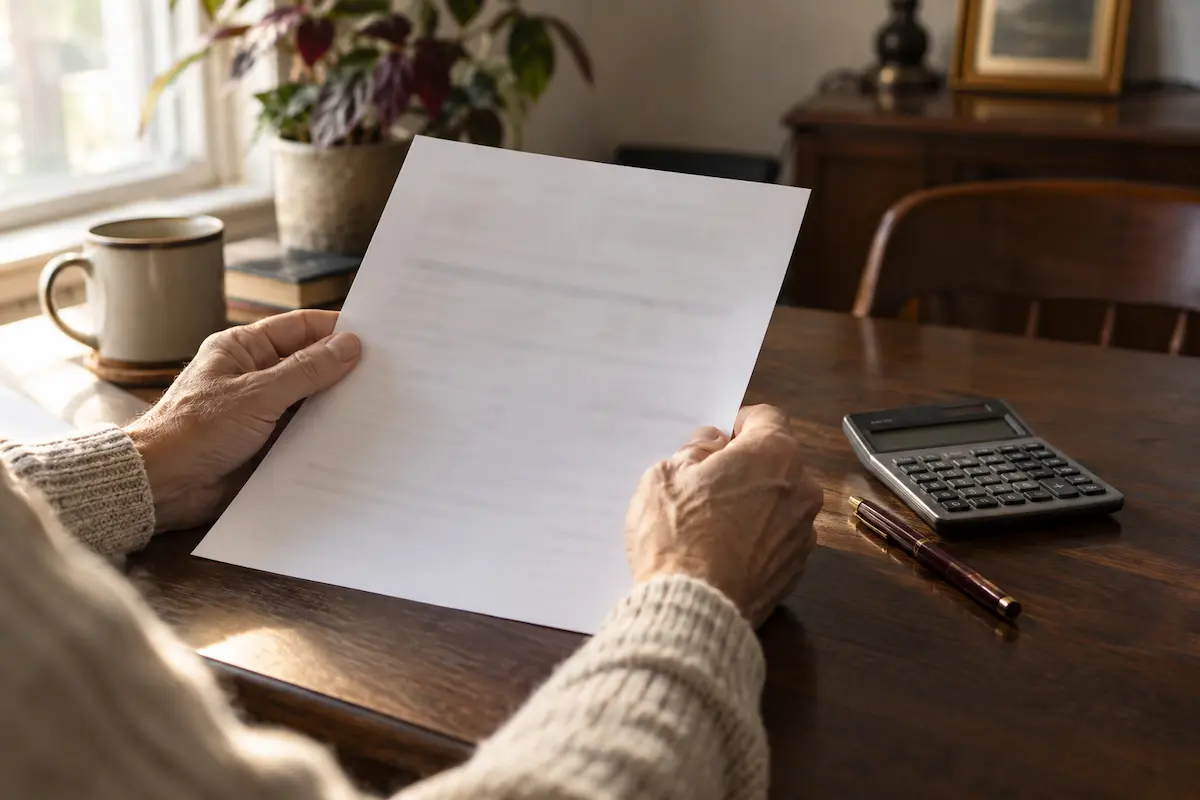 Homeowner reviewing a lender payoff statement at a kitchen table before a cash sale closes in Ohio