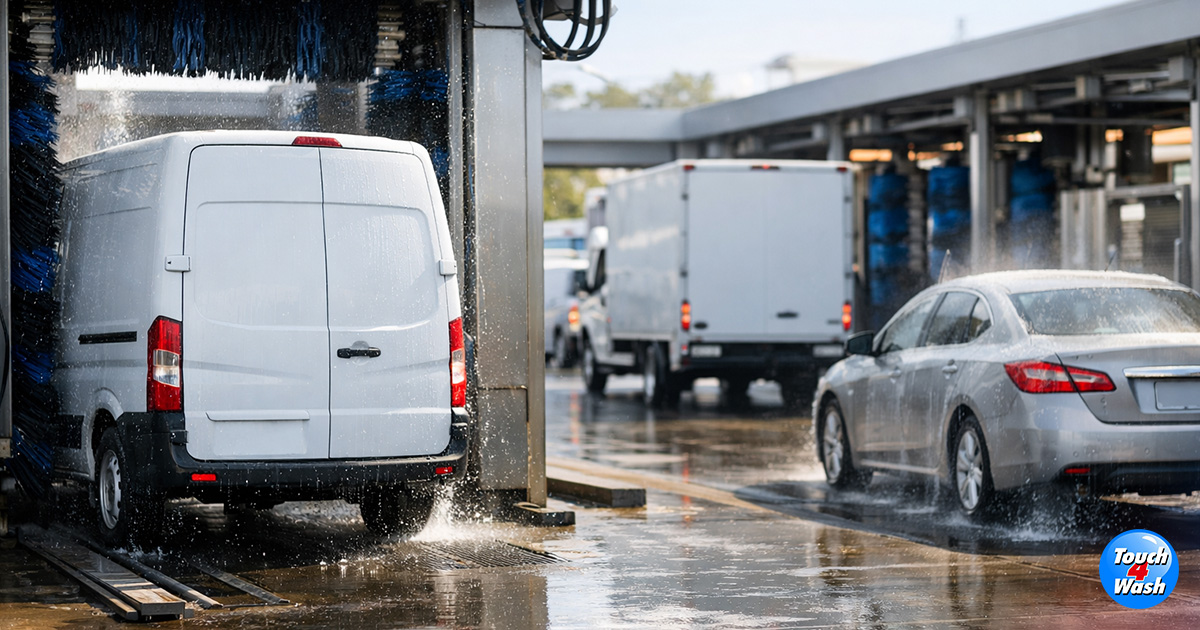 Fleet vehicles going through a car wash during daytime, highlighting how commercial fleet accounts help increase weekday volume and keep operations consistently busy.