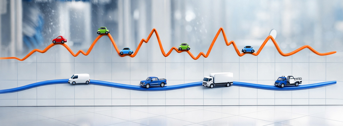 Graph comparing steady fleet vehicle demand vs fluctuating retail traffic, illustrating how fleet accounts help stabilize and boost weekday car wash volume.