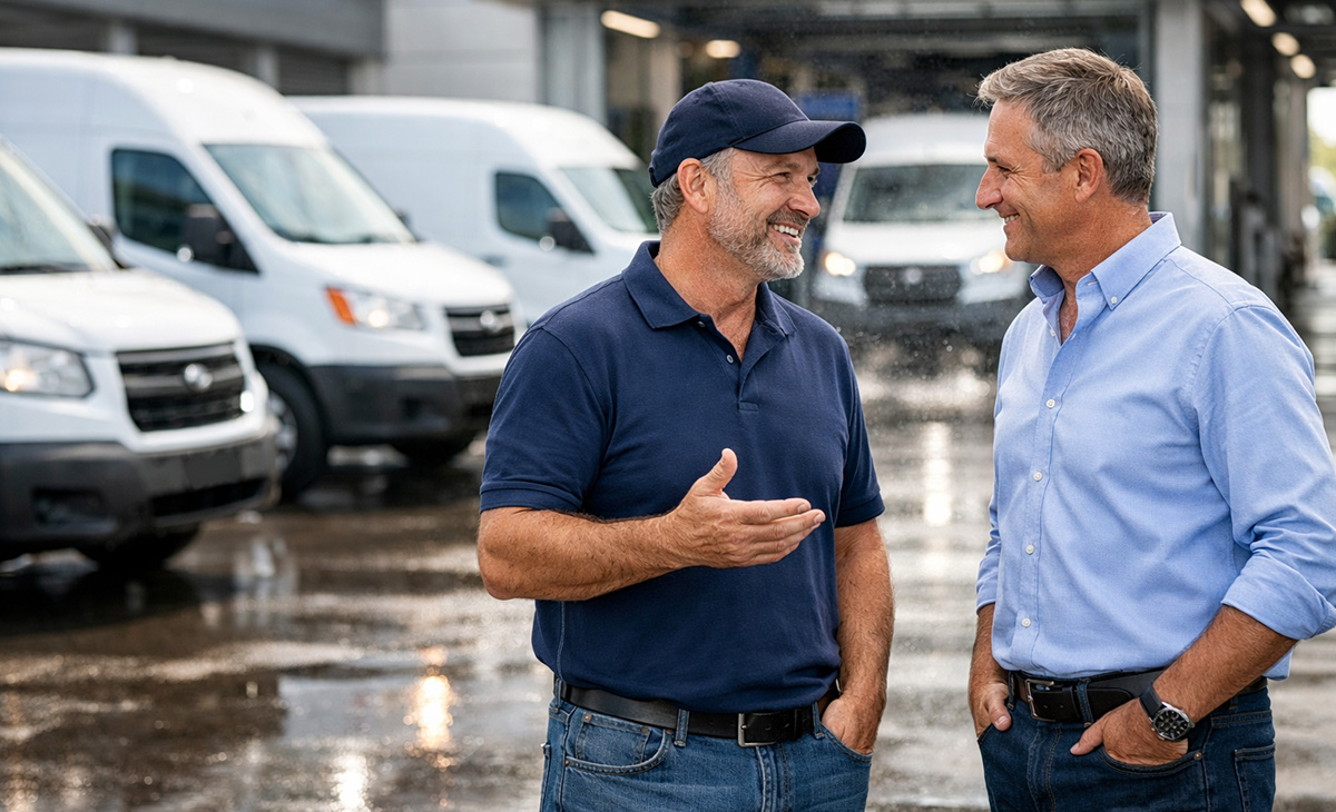 Car wash operator speaking with fleet client in front of service vehicles, highlighting how fleet partnerships help increase weekday volume and drive consistent business growth.
