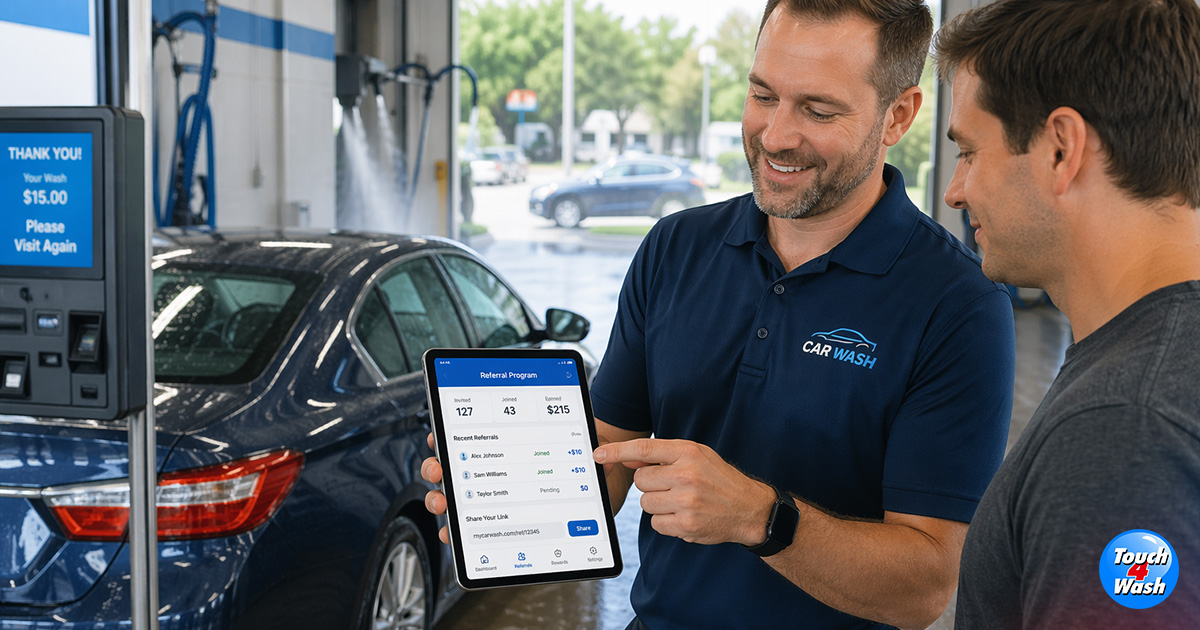 Car wash employee showing customer a digital referral rewards program on tablet beside vehicle in wash bay, highlighting customer loyalty and revenue growth for car wash business.
