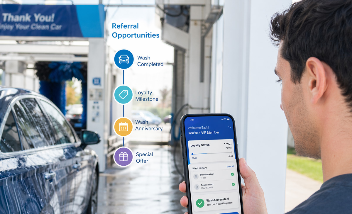 Customer using mobile app at car wash showing loyalty rewards and referral opportunities, highlighting automated customer retention and engagement for car wash businesses.