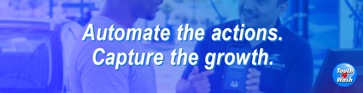 Car wash employee presenting mobile app to customer with overlay text about automating customer actions and driving business growth for car wash services.