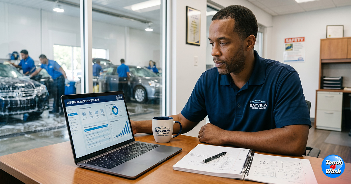 Car wash owner reviewing referral incentive analytics on laptop in office, monitoring performance and growth strategies for a professional car wash business.