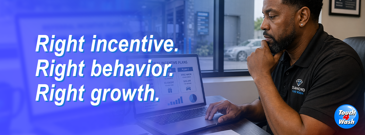 Car wash business owner analyzing incentive plans on laptop with overlay text about driving customer behavior and growth through the right referral and reward strategies.