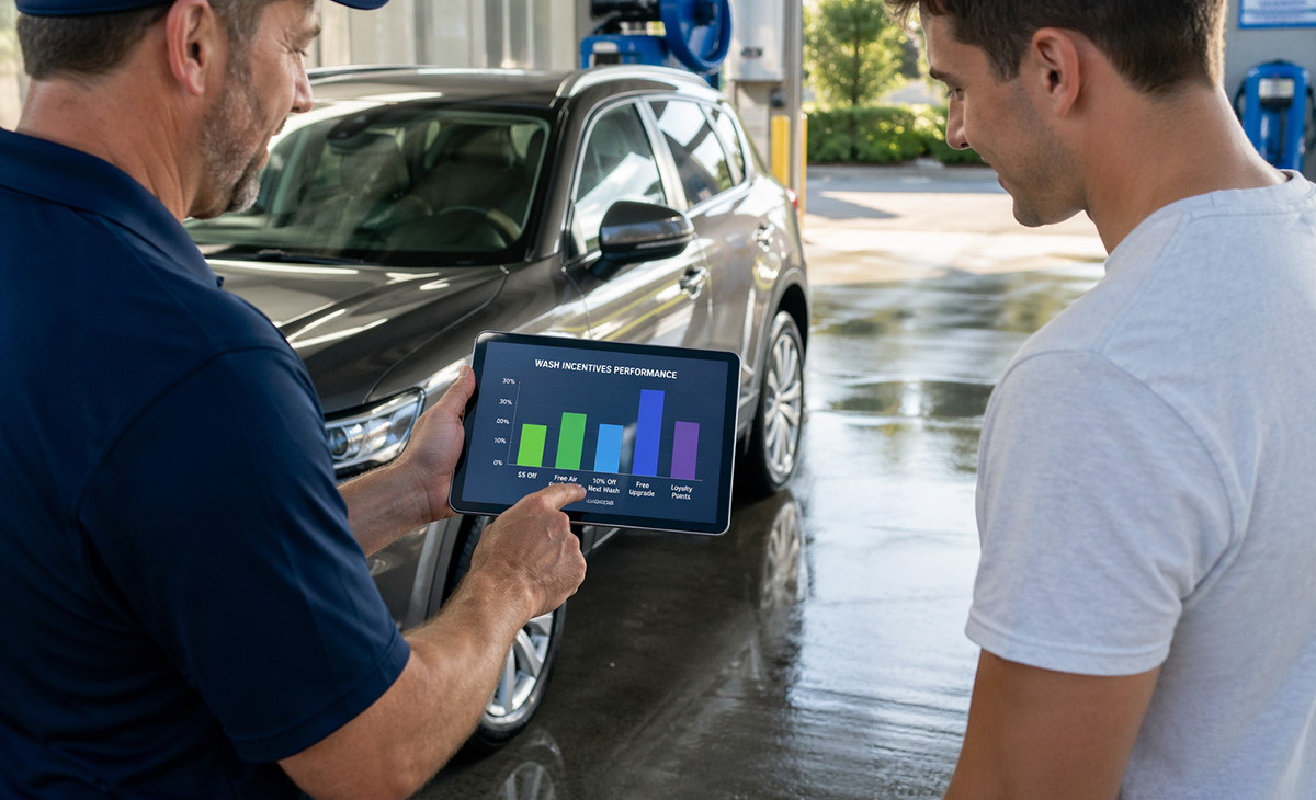 Car wash staff reviewing incentive performance data with customer on tablet beside vehicle, showcasing analytics-driven promotions and revenue growth for car wash business.