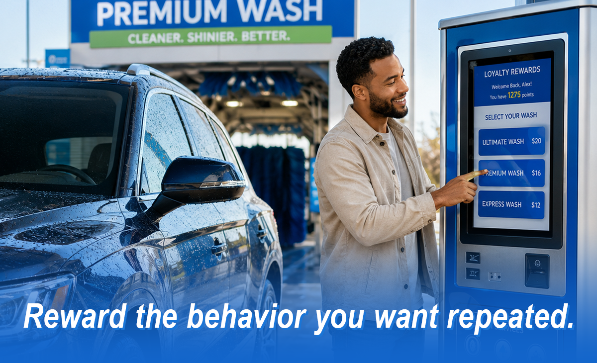 Customer selecting a premium wash at self-service car wash kiosk with loyalty rewards program, promoting repeat visits and customer retention for car wash businesses. Customer selecting a premium wash at self-service car wash kiosk with loyalty rewards program, promoting repeat visits and customer retention for car wash businesses.