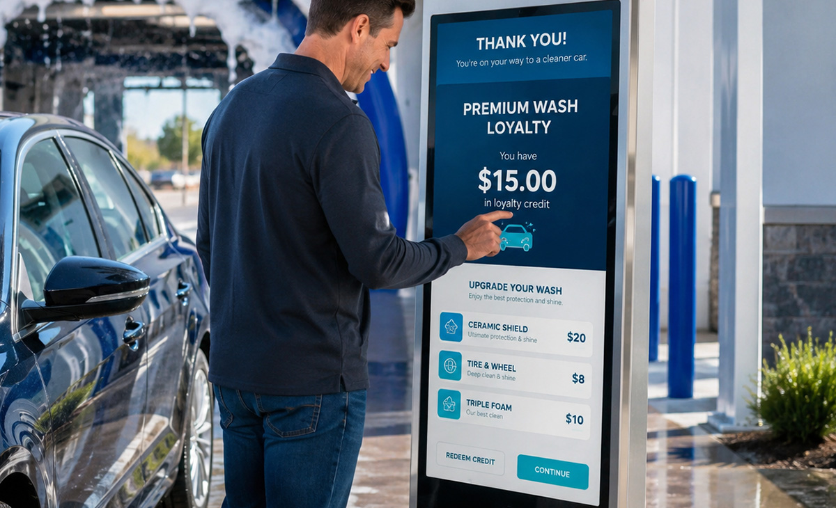Customer using digital loyalty kiosk at car wash to redeem rewards credit and upgrade wash services, promoting customer retention and premium car wash memberships. Customer using digital loyalty kiosk at car wash to redeem rewards credit and upgrade wash services, promoting customer retention and premium car wash memberships.