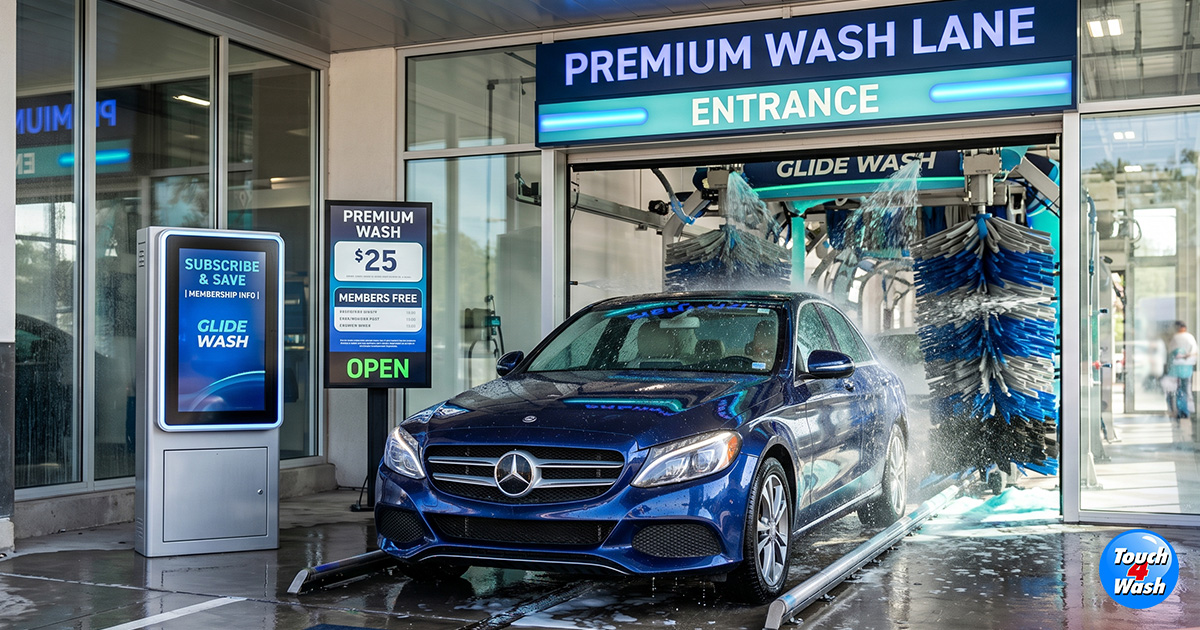 Blue sedan entering premium automatic car wash tunnel with membership signage and digital subscription kiosk, showcasing premium wash services and unlimited car wash plans. Blue sedan entering premium automatic car wash tunnel with membership signage and digital subscription kiosk, showcasing premium wash services and unlimited car wash plans.