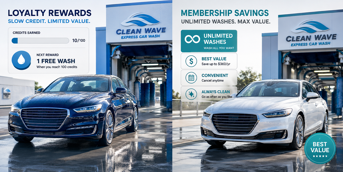 Comparison graphic showing loyalty rewards versus unlimited car wash membership savings, highlighting recurring revenue, unlimited washes, and customer value at an express car wash. Comparison graphic showing loyalty rewards versus unlimited car wash membership savings, highlighting recurring revenue, unlimited washes, and customer value at an express car wash.