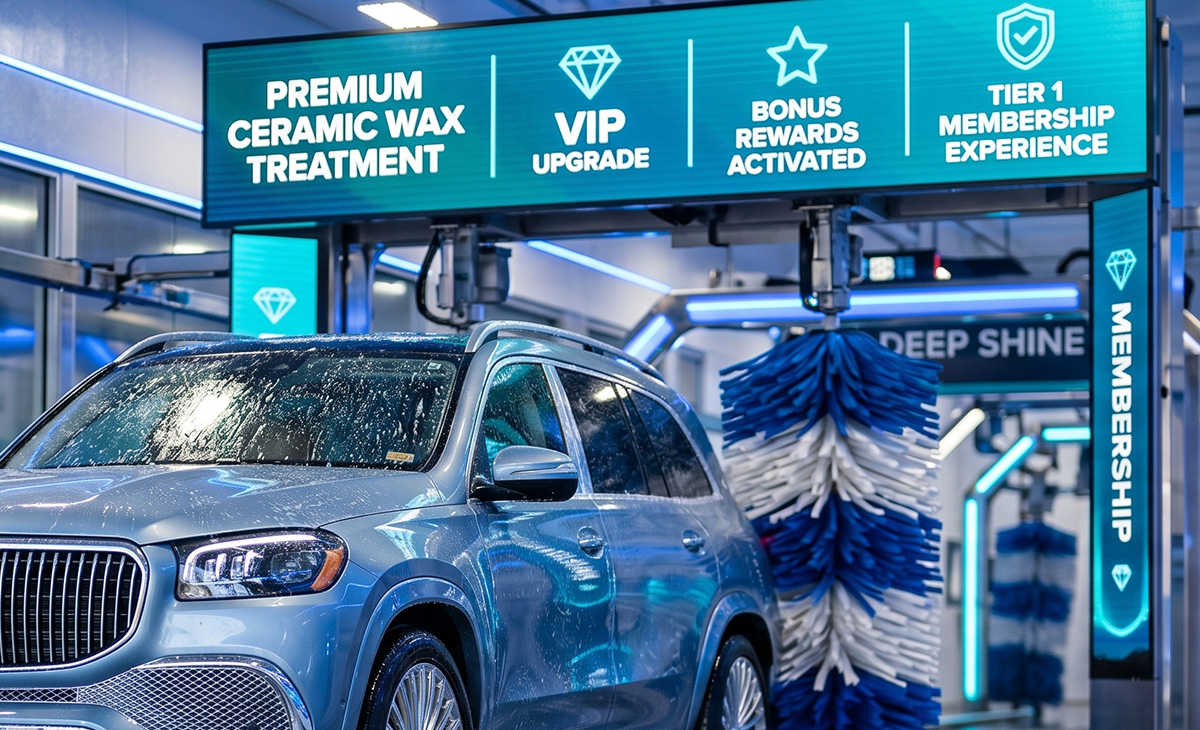 Luxury SUV entering premium automatic car wash with ceramic wax treatment signage, VIP membership upgrades, and bonus rewards promoting premium car wash membership benefits. Luxury SUV entering premium automatic car wash with ceramic wax treatment signage, VIP membership upgrades, and bonus rewards promoting premium car wash membership benefits.