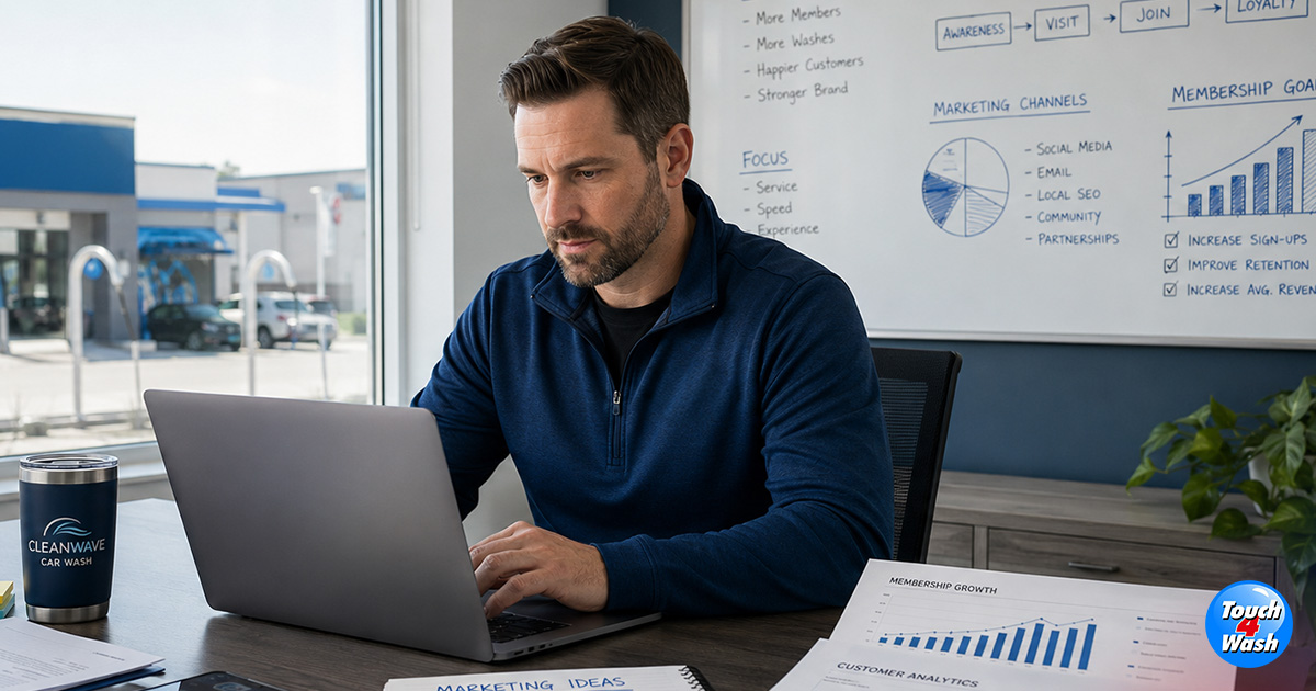 Car wash owner reviewing marketing and membership growth strategies on laptop in office, with analytics charts highlighting customer retention, sign-ups, and business growth.