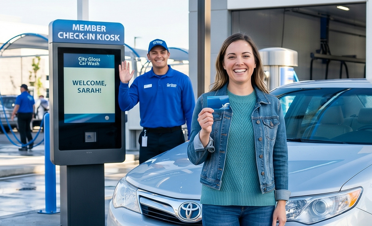 Customer holding car wash membership card beside vehicle at member check-in kiosk, while car wash employee welcomes member, highlighting loyalty programs and customer retention.