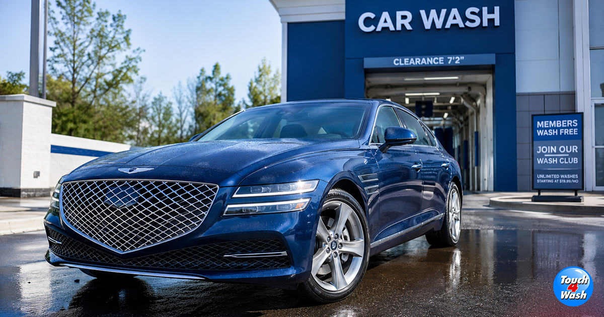 Luxury blue sedan parked outside an automatic car wash entrance, with signage promoting unlimited wash club memberships and free member washes for loyal customers. Luxury blue sedan parked outside an automatic car wash entrance, with signage promoting unlimited wash club memberships and free member washes for loyal customers.