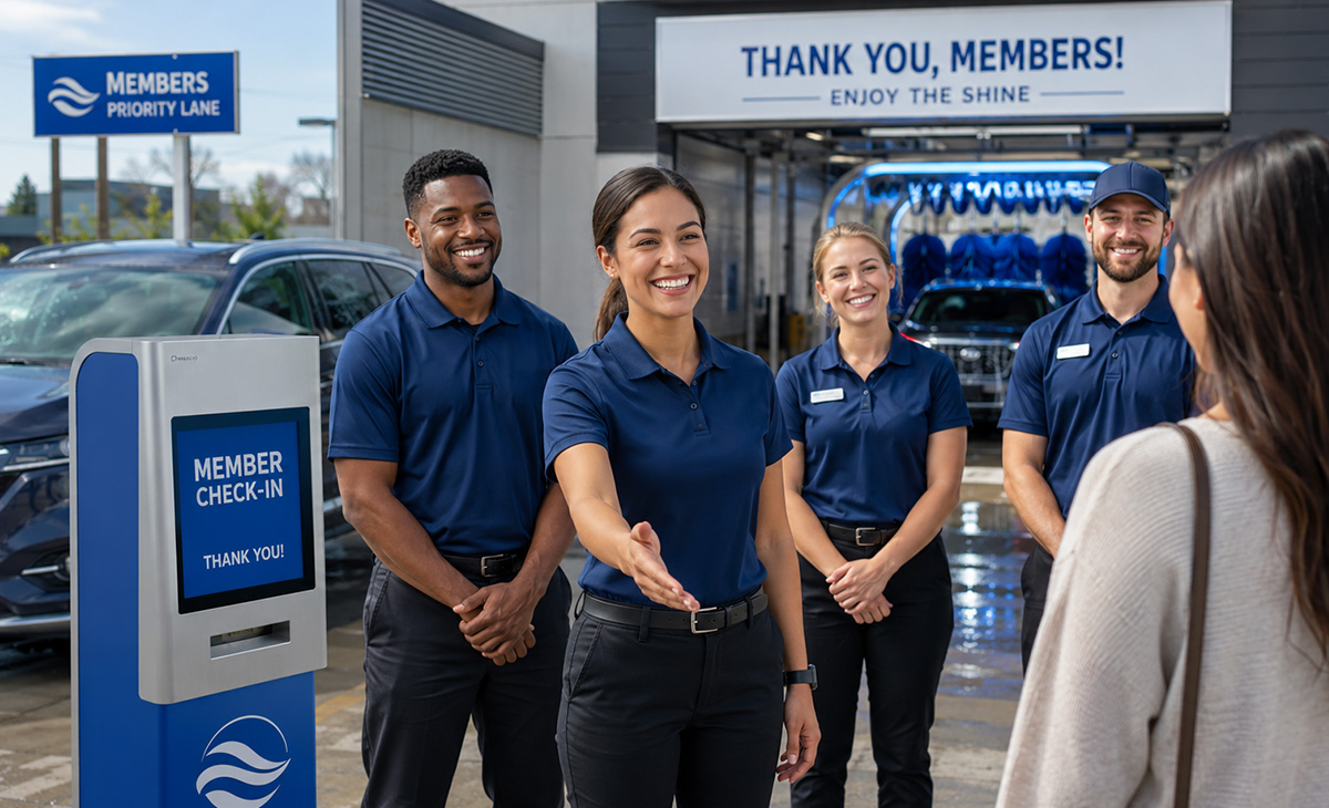 Car wash team welcoming a customer at a member check-in station, showcasing VIP member benefits, priority service lanes, and customer-focused car wash membership programs. Car wash team welcoming a customer at a member check-in station, showcasing VIP member benefits, priority service lanes, and customer-focused car wash membership programs.