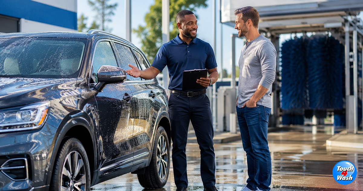Car wash employee consulting with customer beside SUV at an automatic wash tunnel, demonstrating personalized service, vehicle care recommendations, and customer satisfaction. Car wash employee consulting with customer beside SUV at an automatic wash tunnel, demonstrating personalized service, vehicle care recommendations, and customer satisfaction.