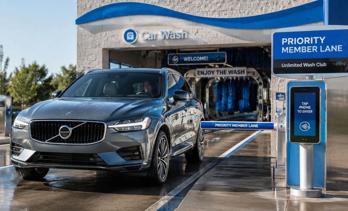 Luxury SUV entering a priority member lane at an automatic car wash, featuring contactless check-in and unlimited wash club benefits for loyal car wash members. Luxury SUV entering a priority member lane at an automatic car wash, featuring contactless check-in and unlimited wash club benefits for loyal car wash members.
