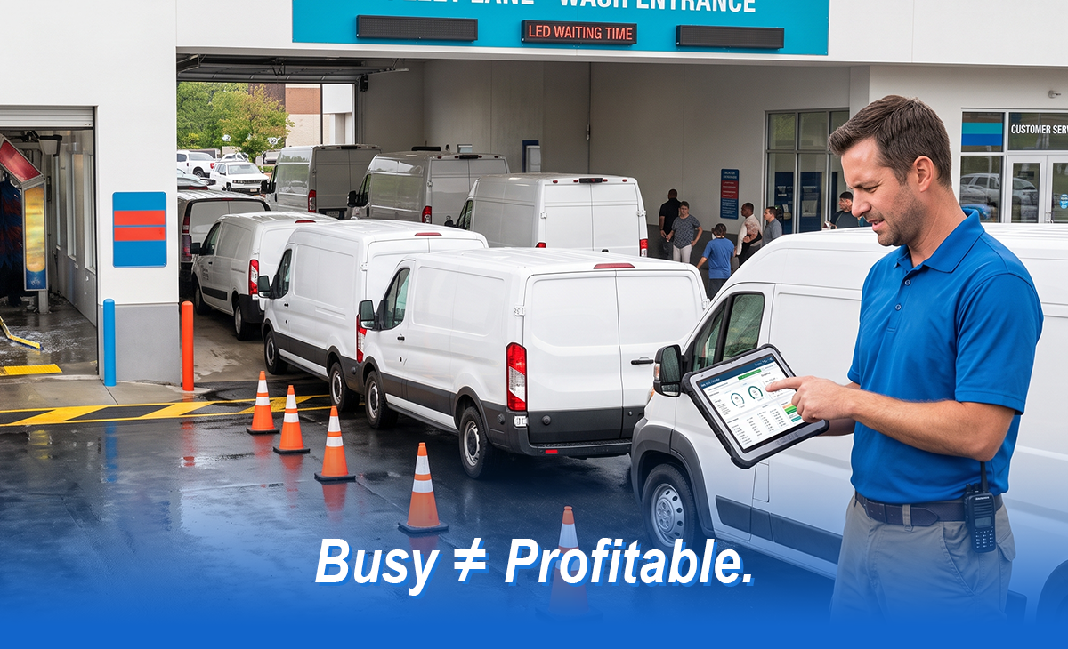 High-volume fleet vehicles queued at a car wash while an operator monitors performance on a tablet, illustrating how peak-hour congestion can reduce profitability, efficiency, and customer satisfaction. High-volume fleet vehicles queued at a car wash while an operator monitors performance on a tablet, illustrating how peak-hour congestion can reduce profitability, efficiency, and customer satisfaction.