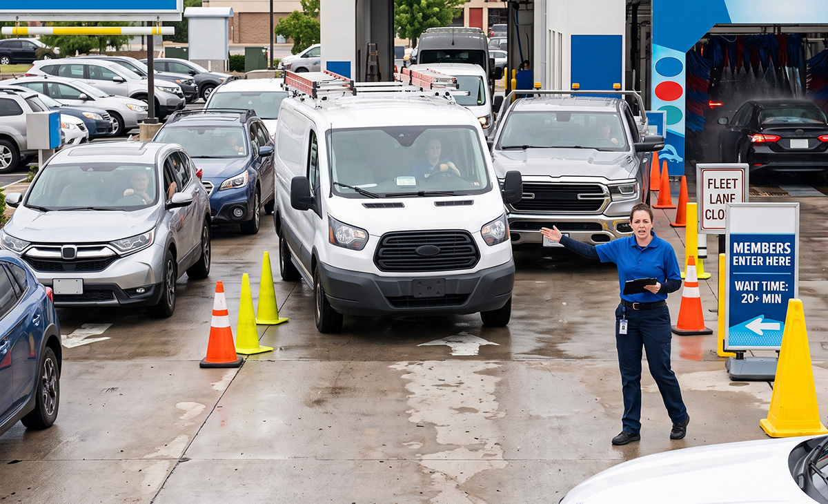 Car wash entrance congested with fleet vans and customer vehicles during peak hours, showing how poorly timed fleet accounts create long wait times, member frustration, and reduced operational efficiency. Car wash entrance congested with fleet vans and customer vehicles during peak hours, showing how poorly timed fleet accounts create long wait times, member frustration, and reduced operational efficiency.