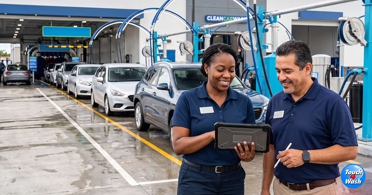 Car wash team reviewing a digital fleet onboarding checklist beside service lanes, demonstrating a professional fleet onboarding process, efficient operations, and excellent customer service. Car wash team reviewing a digital fleet onboarding checklist beside service lanes, demonstrating a professional fleet onboarding process, efficient operations, and excellent customer service.