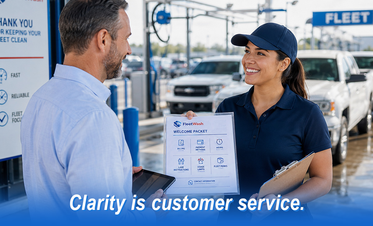 Car wash employee welcoming a fleet manager with a fleet onboarding packet, explaining billing, payment methods, lane instructions, and fleet benefits to ensure a smooth, professional customer experience. Car wash employee welcoming a fleet manager with a fleet onboarding packet, explaining billing, payment methods, lane instructions, and fleet benefits to ensure a smooth, professional customer experience.
