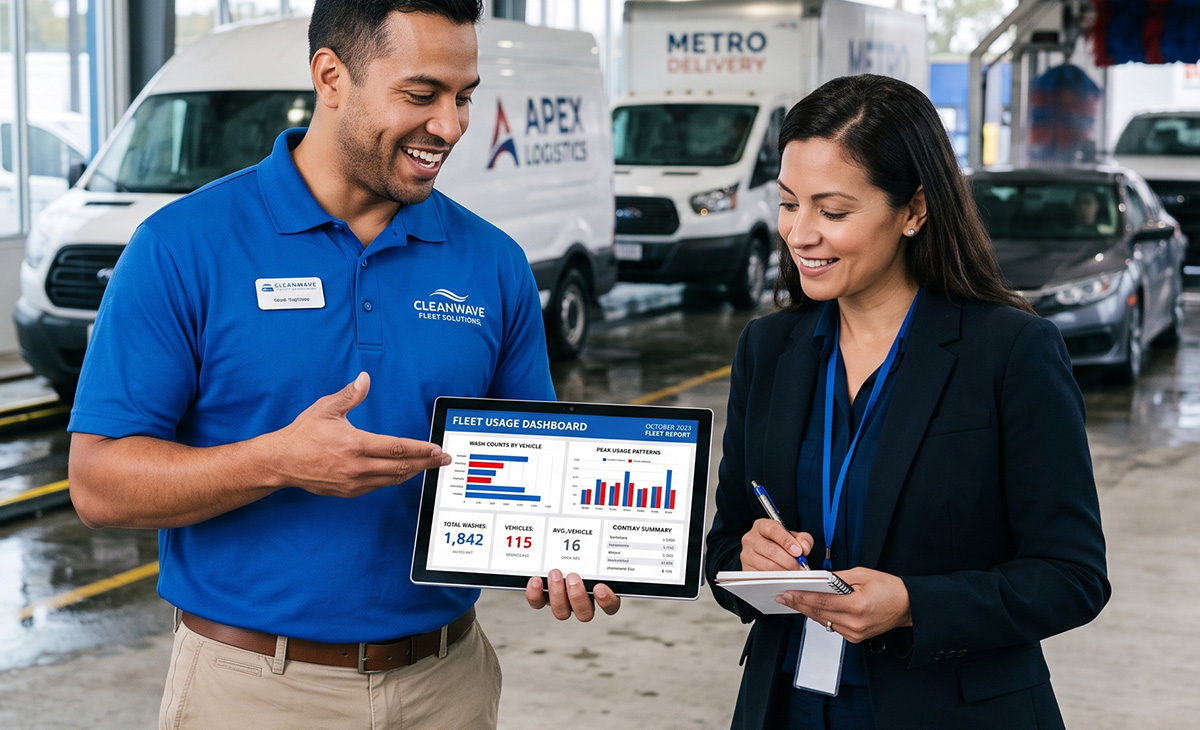 Car wash employee reviews an automated fleet usage dashboard with a fleet manager, highlighting monthly wash reports, vehicle wash counts, and peak usage trends to improve fleet management and customer service. Car wash employee reviews an automated fleet usage dashboard with a fleet manager, highlighting monthly wash reports, vehicle wash counts, and peak usage trends to improve fleet management and customer service.