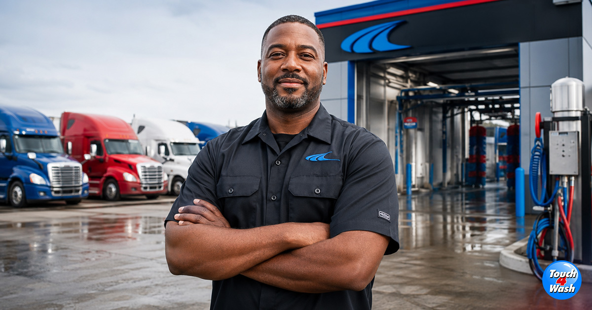 Confident car wash owner stands in front of a professional wash facility with fleet semi-trucks, representing long-term fleet partnerships, customer retention, and reliable commercial fleet washing services. Confident car wash owner stands in front of a professional wash facility with fleet semi-trucks, representing long-term fleet partnerships, customer retention, and reliable commercial fleet washing services.