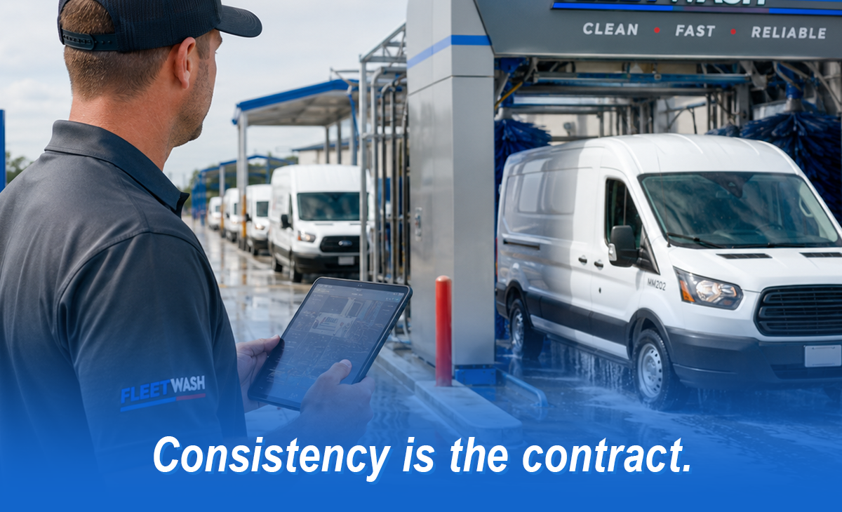 Fleet vehicles move through a commercial car wash while an operator monitors operations on a tablet, highlighting consistent fleet car wash quality, reliable service, predictable wash flow, and long-term fleet customer retention. Fleet vehicles move through a commercial car wash while an operator monitors operations on a tablet, highlighting consistent fleet car wash quality, reliable service, predictable wash flow, and long-term fleet customer retention.