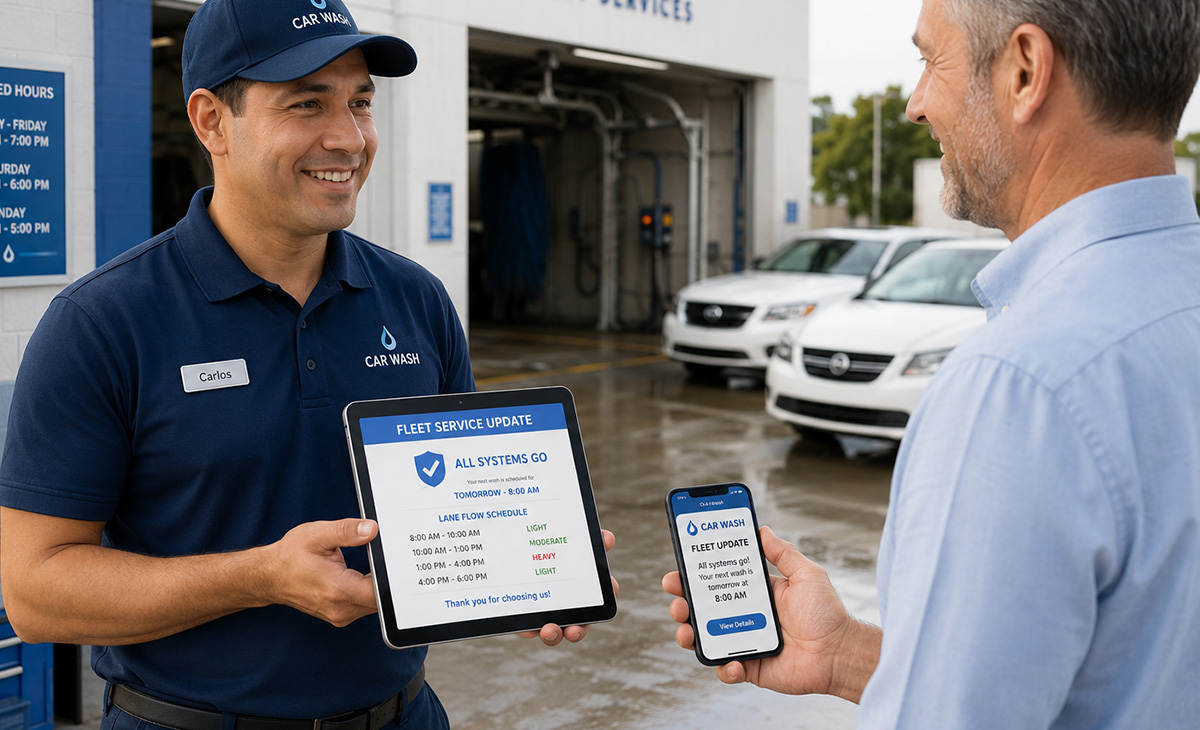 Car wash employee shares proactive fleet service updates with a business client using a tablet and mobile app, communicating schedule changes, lane availability, and service alerts to build trust and ensure reliable fleet operations. Car wash employee shares proactive fleet service updates with a business client using a tablet and mobile app, communicating schedule changes, lane availability, and service alerts to build trust and ensure reliable fleet operations.