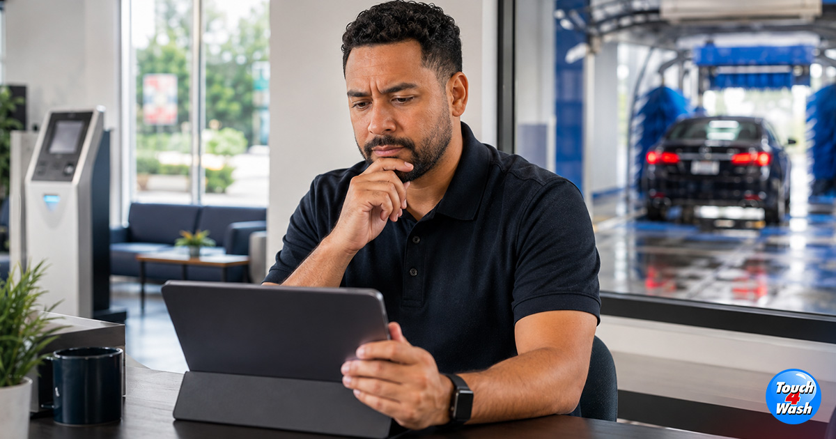 Car wash operator reviewing referral program performance on a tablet while a vehicle moves through the wash, highlighting challenges with customer referrals and program growth. Car wash operator reviewing referral program performance on a tablet while a vehicle moves through the wash, highlighting challenges with customer referrals and program growth.
