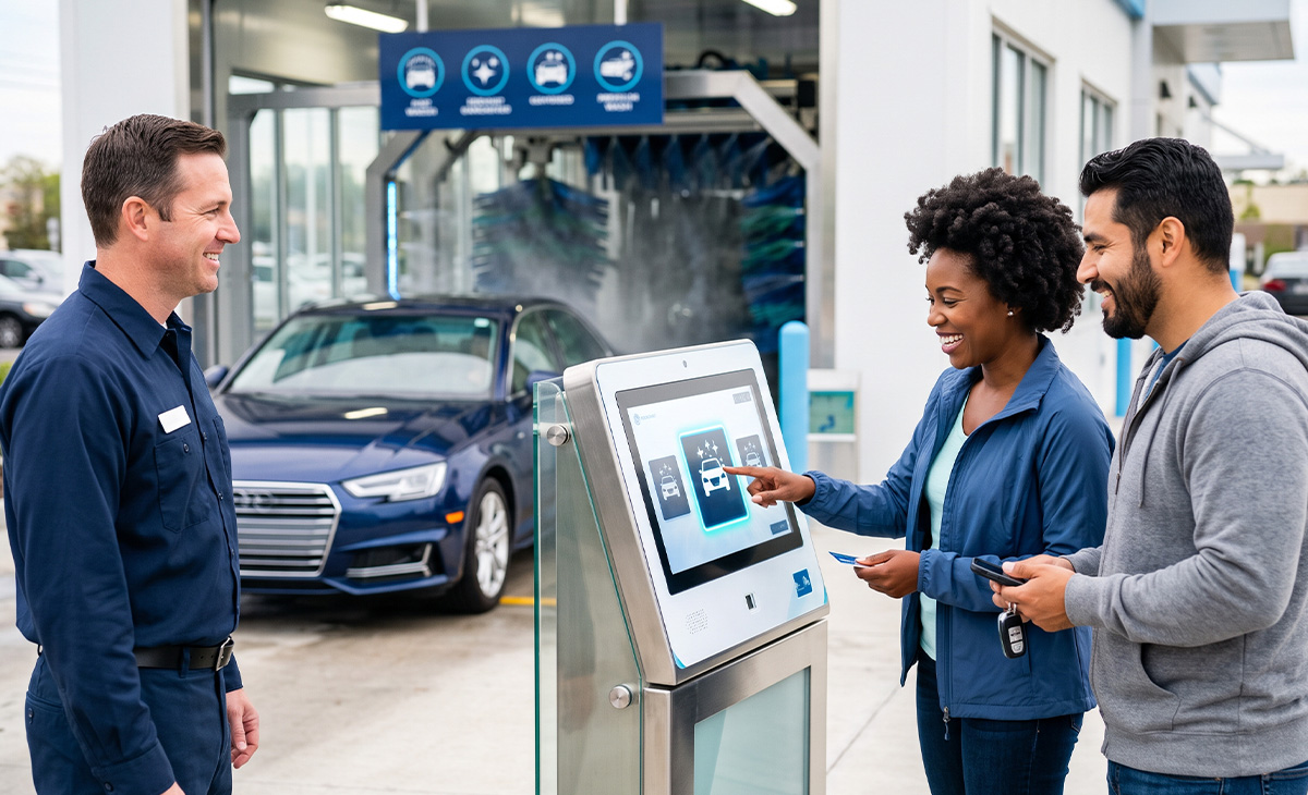 Car wash customers selecting a wash reward at a digital kiosk, highlighting behavior-based referral incentives like free washes, premium upgrades, and bonus credits. Car wash customers selecting a wash reward at a digital kiosk, highlighting behavior-based referral incentives like free washes, premium upgrades, and bonus credits.