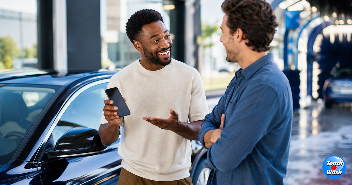 Car wash customers discussing a referral on a smartphone beside a freshly washed vehicle, illustrating the behavioral triggers and psychology behind customer referrals.