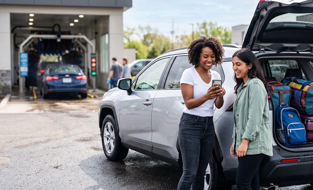 Car wash customers sharing a referral on a smartphone after a wash, illustrating how seasonal timing and relevant moments can drive word-of-mouth referrals.