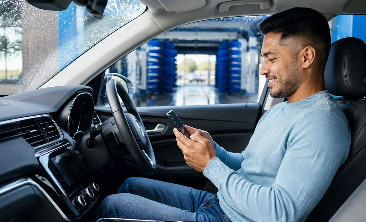 Car wash customer using a smartphone after a wash, highlighting friction-free referral links, instant rewards, and easier sharing without manual referral codes. Car wash customer using a smartphone after a wash, highlighting friction-free referral links, instant rewards, and easier sharing without manual referral codes.