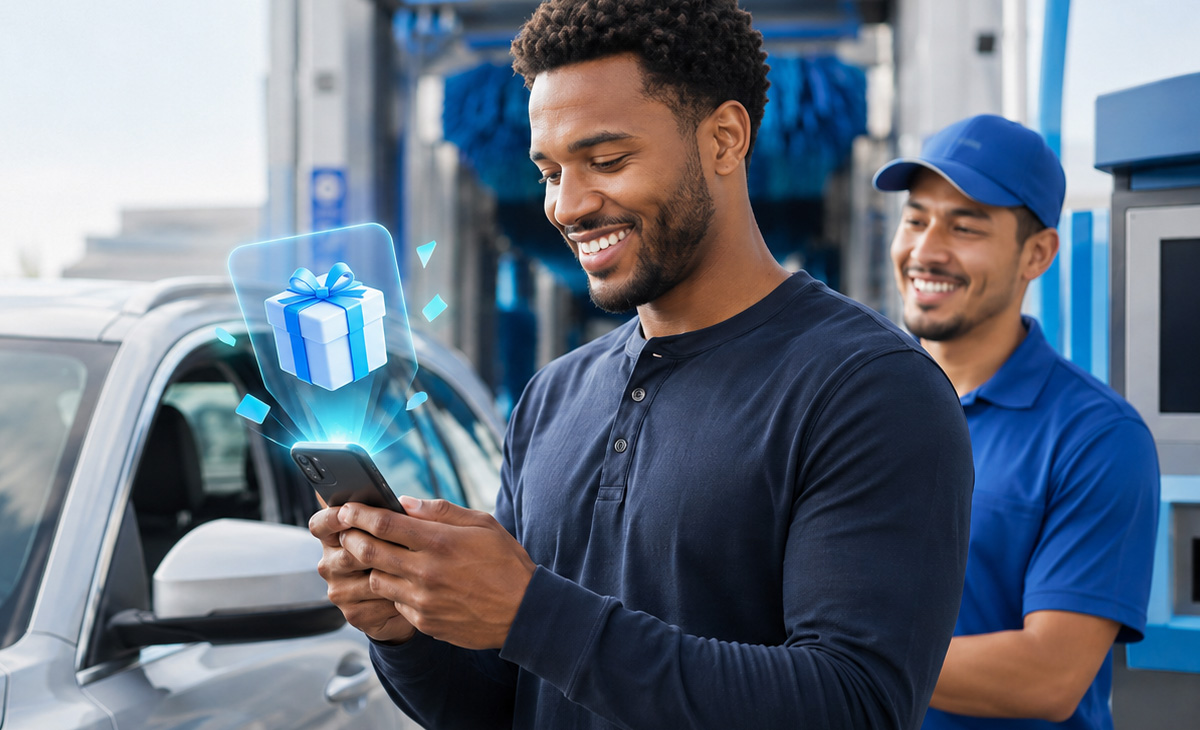 Car wash customer receiving an instant referral reward on his smartphone, highlighting automated reward delivery that builds trust and engagement in car wash referral programs. Car wash customer receiving an instant referral reward on his smartphone, highlighting automated reward delivery that builds trust and engagement in car wash referral programs.