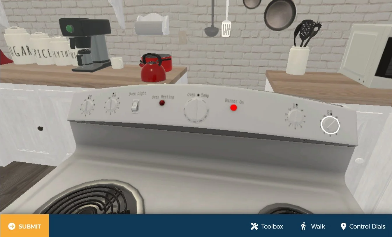 3D appliance repair simulator showing an oven control panel with toolbox and control dials