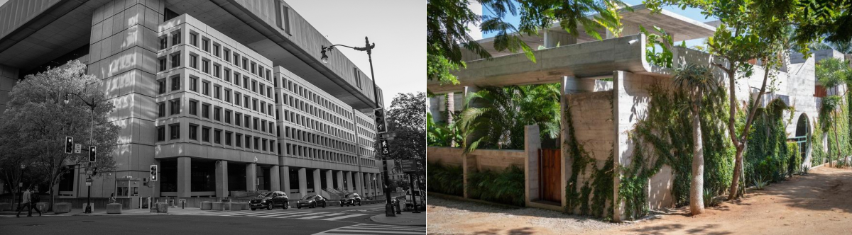 Black and white photo of the FBI building in Washington D.C., a massive concrete brutalist structure, compared with a colorful photo of Casa TO in Puerto Escondido, showing a unique concrete structure that is integrated with its surroundings.