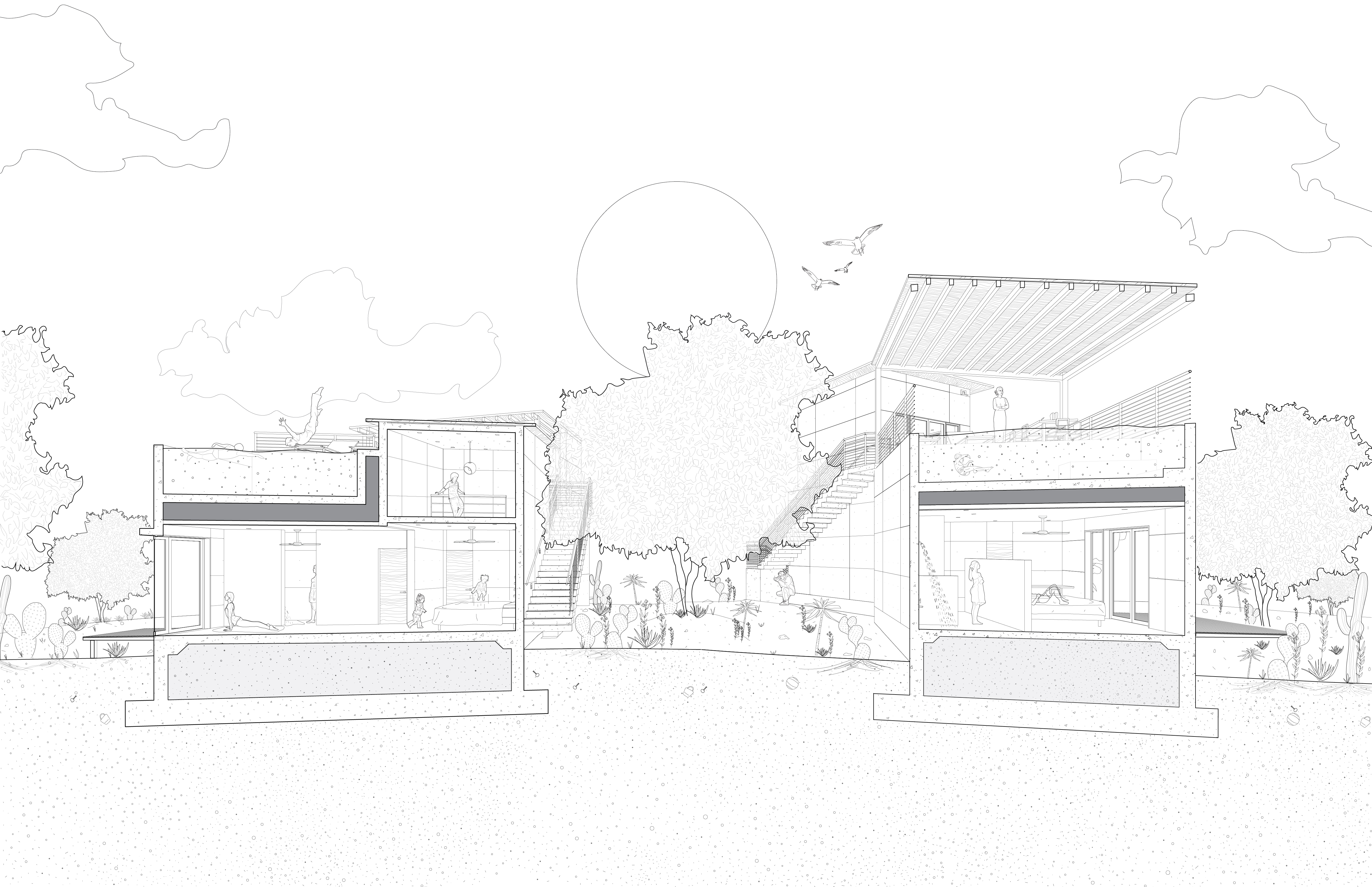 Architectural section drawing of a pair of two-story houses in Puerto Escondido flanking a central courtyard with exterior staircases and surrounded by vegetation.