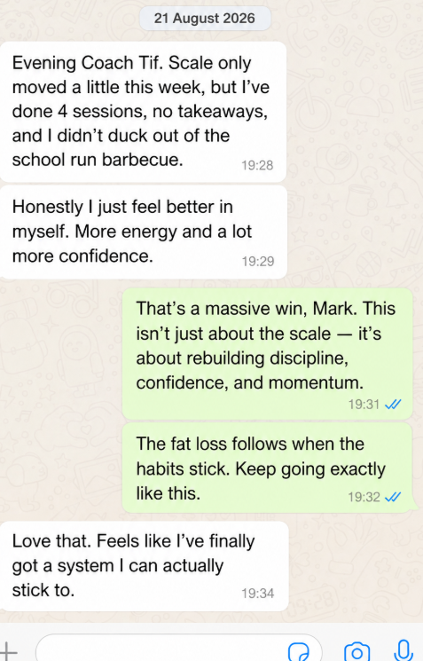 Sample TPM coaching WhatsApp conversation with Coach Tif