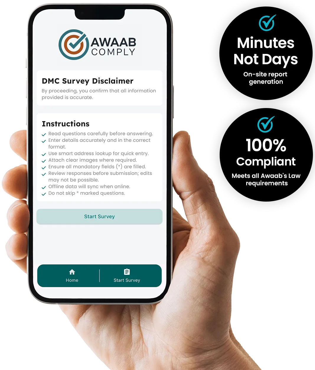 Awaab Comply inspection app displayed on a phone