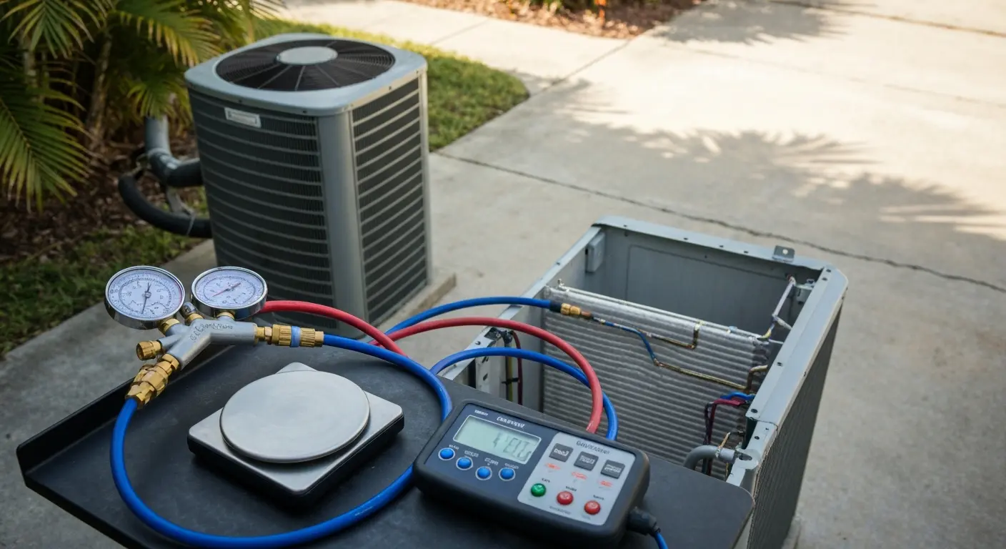 AC repair technician checking refrigerant levels