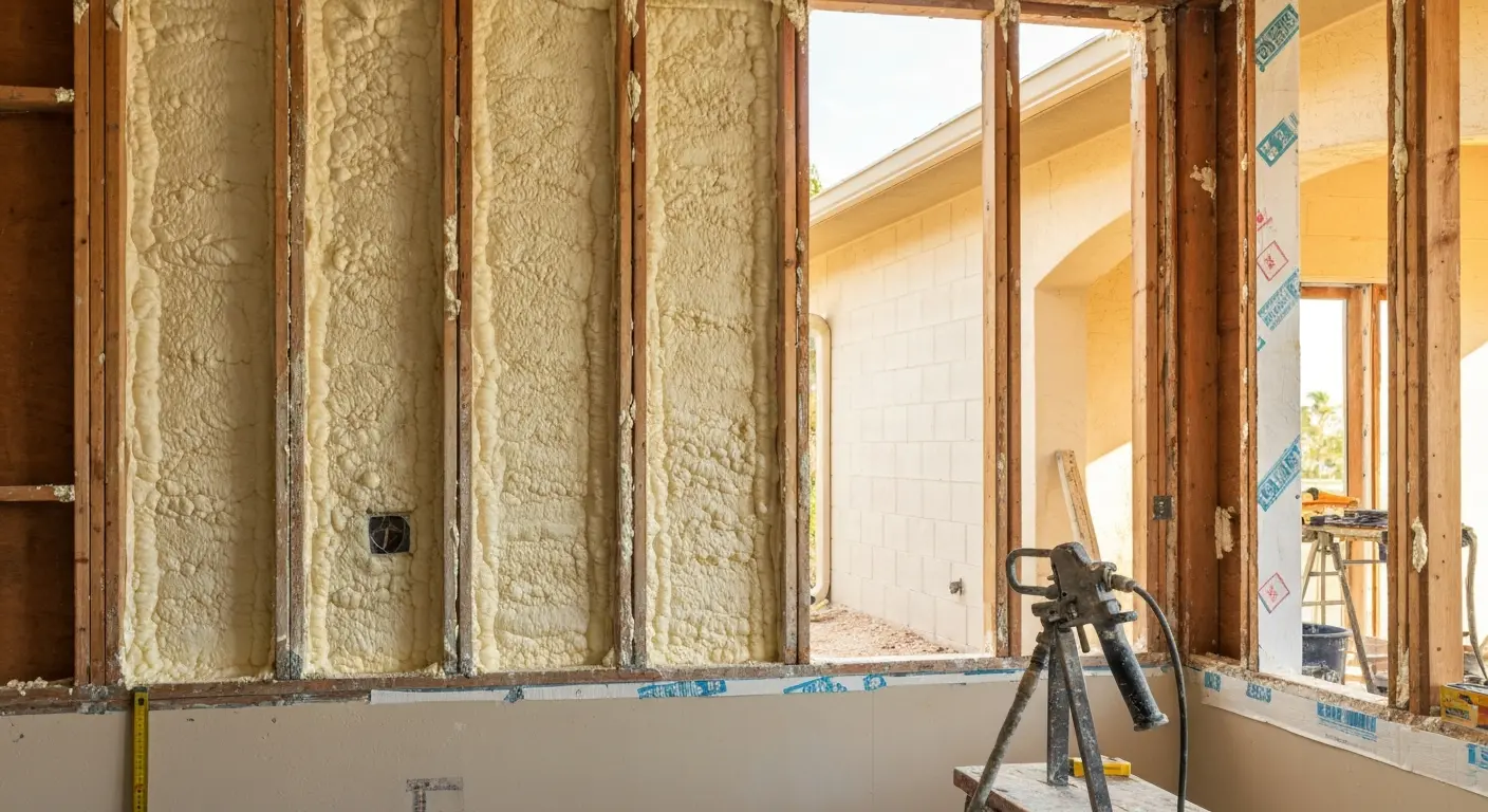 Wall cavity spray foam application